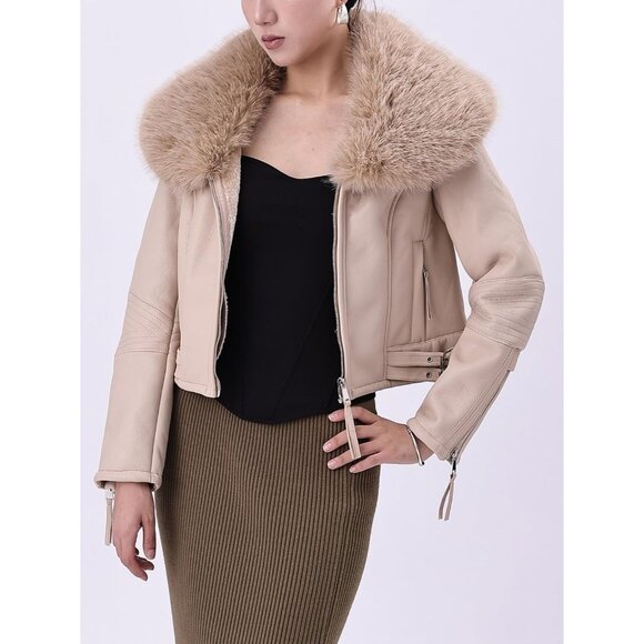 ⚡Women's Beige Faux Leather Jacket Moto Biker Lined Coat Removable Fur Collar - Picture 3 of 5
